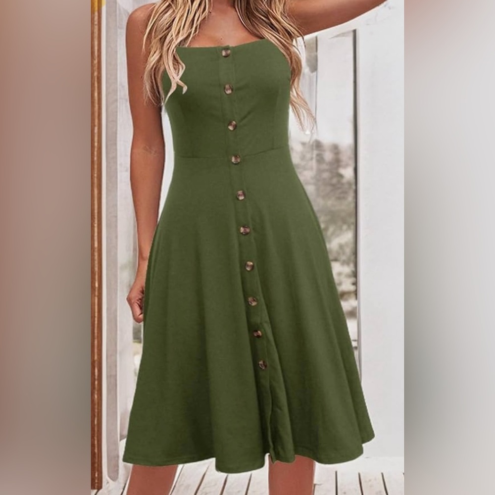 Army Green Midi Berydress Small Fit and Flare Button Dress